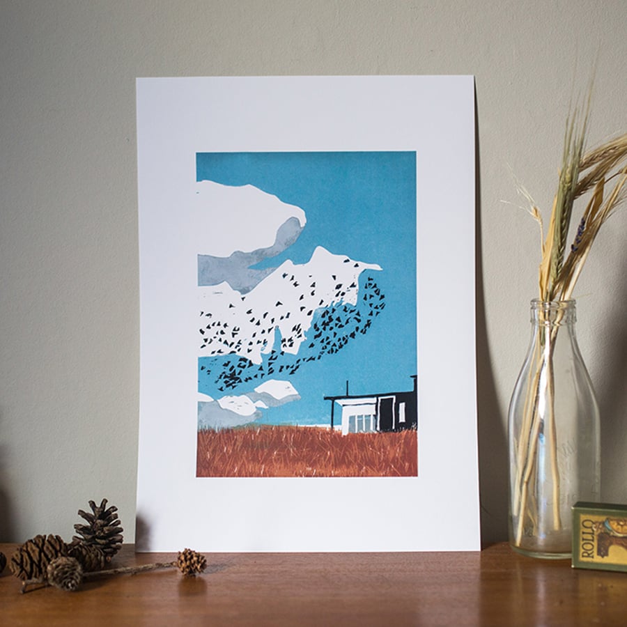 Low Newton Beach Hut - Reduction Linoprint