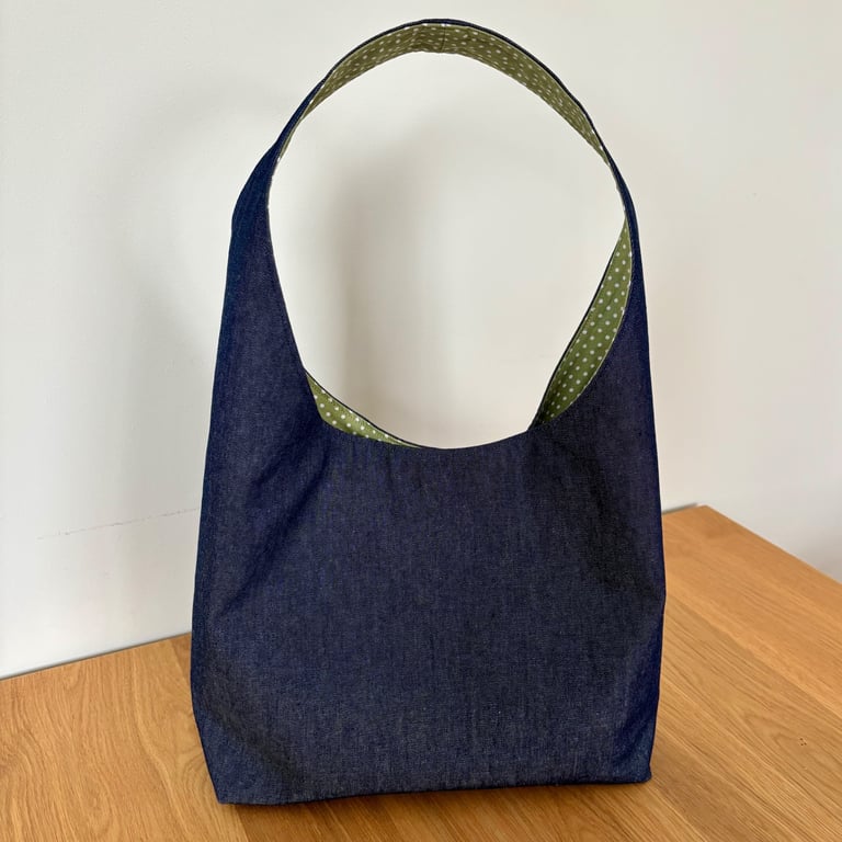 Hobo style shoulder bag, tote bag, denim with green spot lining
