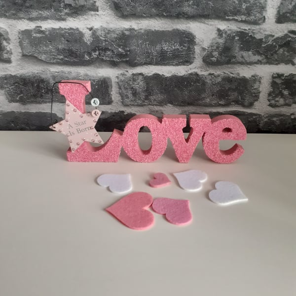 Nursery ornament, pink nursery ornament, wooden love word ornament