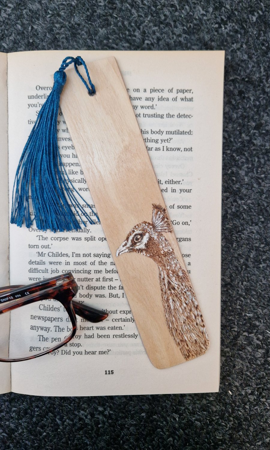 Hand Burned Wooden Bookmark - Peacock