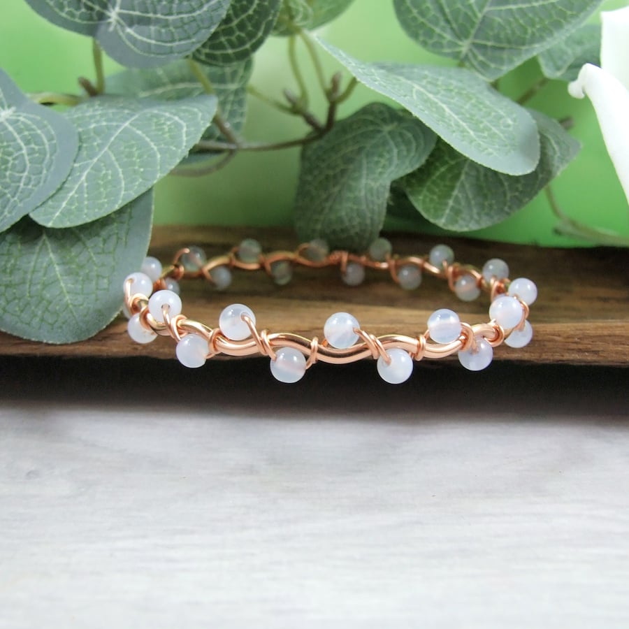 Bangle, Copper Wavy Bracelet with Blue Lace Agate Gemstones