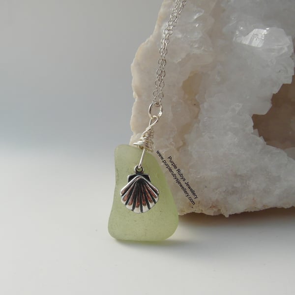 Pale Green Cornish Sea Glass with Sea Shell Charm Necklace N363