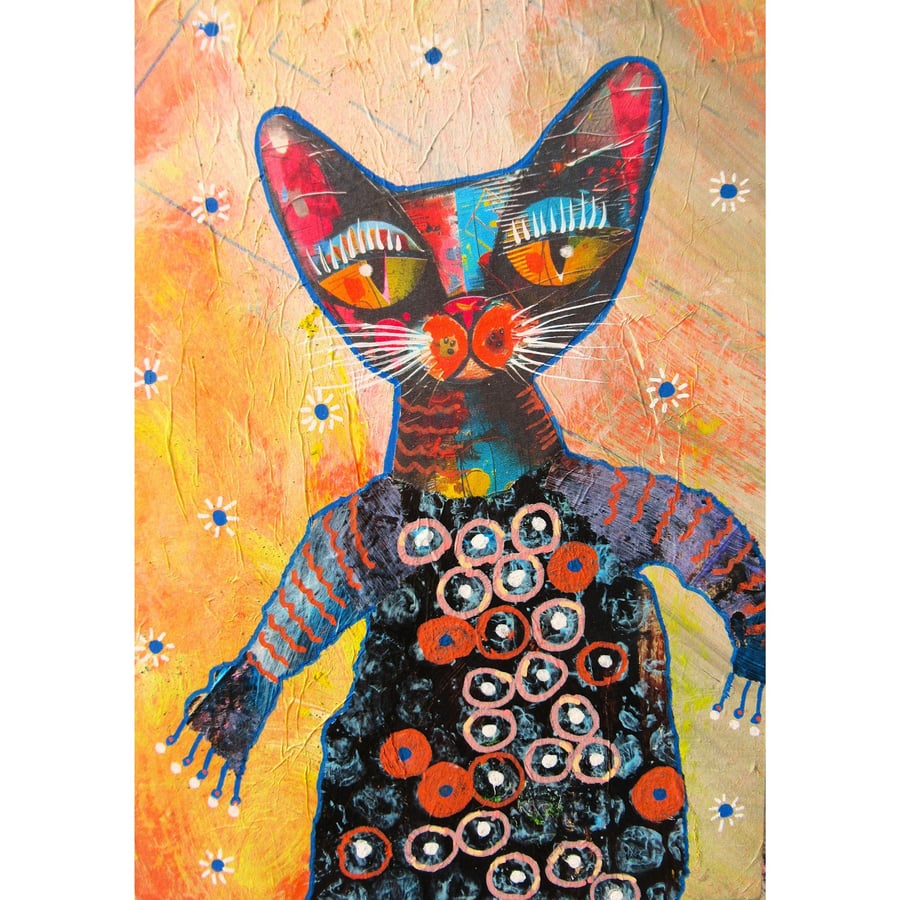 Small Cat Painting Whimsical Feline Mixed Media Wall Art Gift for Kitty Lovers 