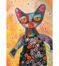 Small Cat Painting Whimsical Feline Mixed Media Wall Art Gift for Kitty Lovers 