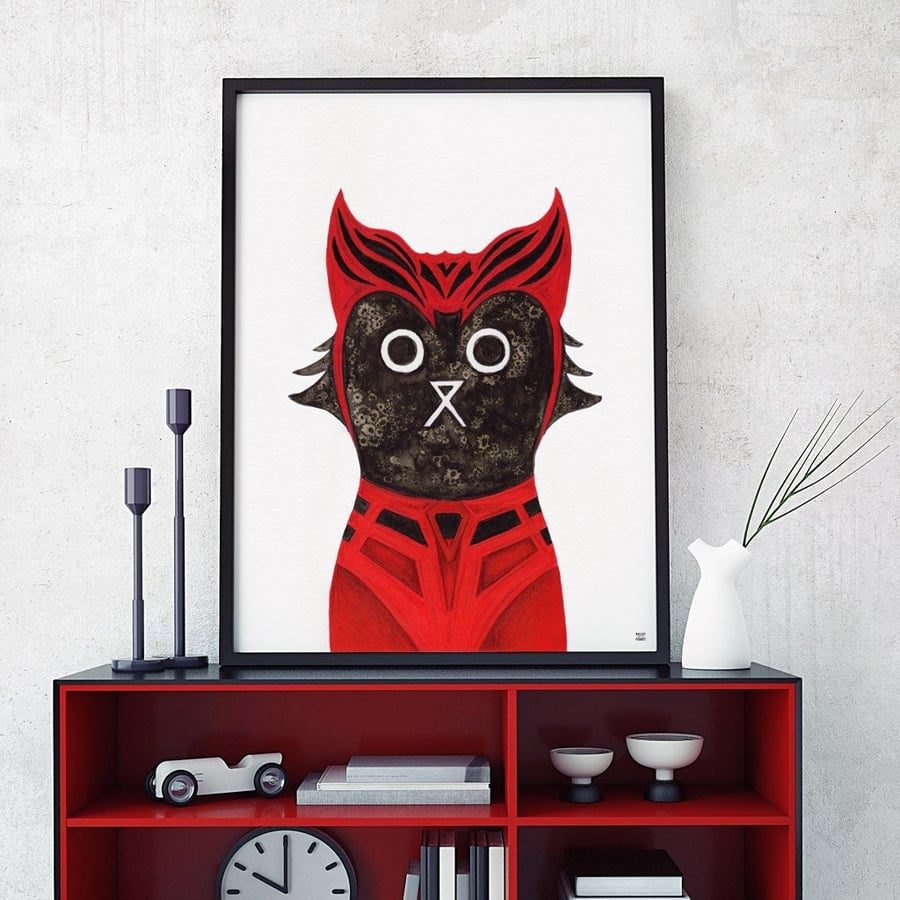 Scarlet Witch Art Print, Black Cat Wall Art Print, Wanda Maximoff Style A4