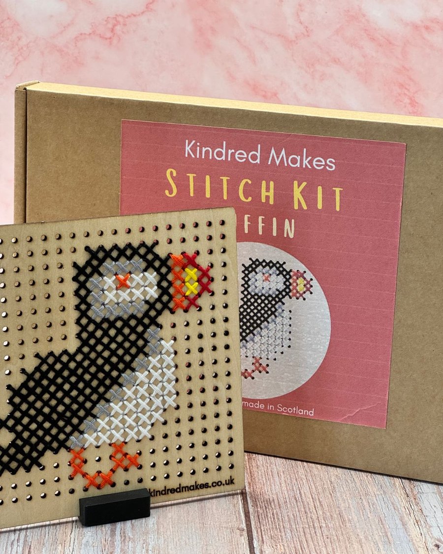 Puffin Cross Stitch - DIY Kit, Wooden display