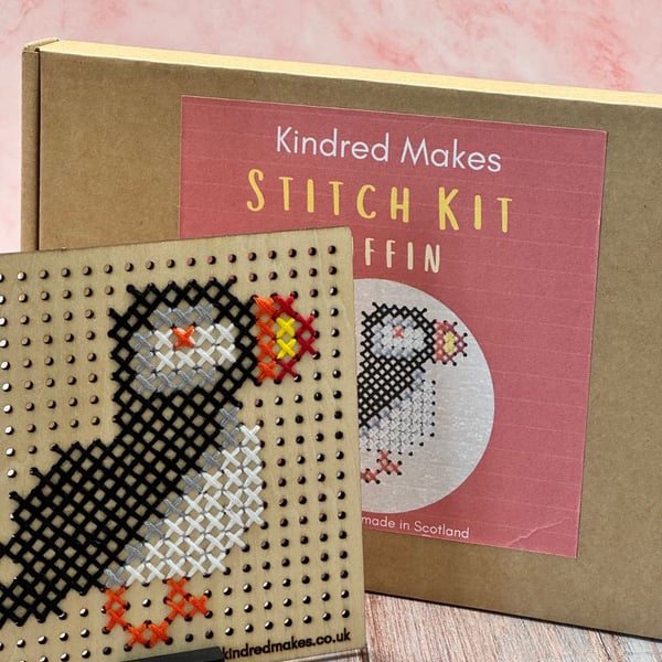 Puffin Cross Stitch - DIY Kit, Wooden display