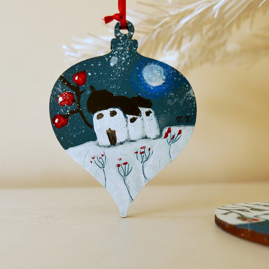 Blue Christmas Ornament with a Hand-painted Winter Landscape