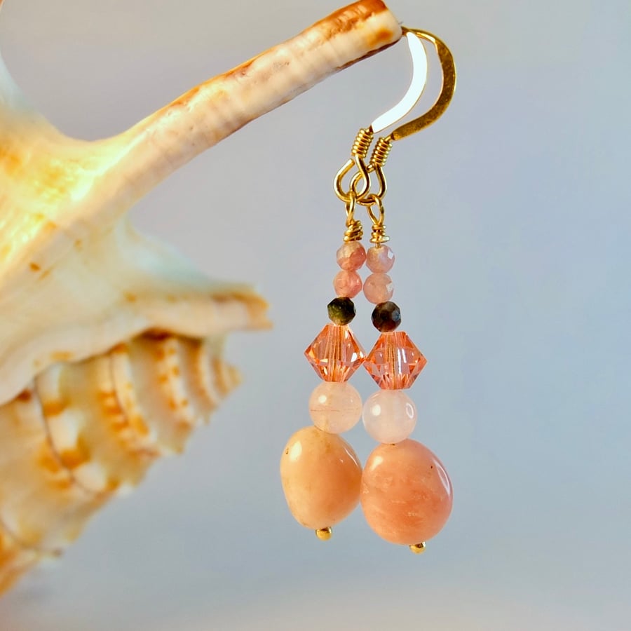 Pink Opal Nugget Earrings With Rose Quartz & Pink Tourmaline - Handmade In Devon