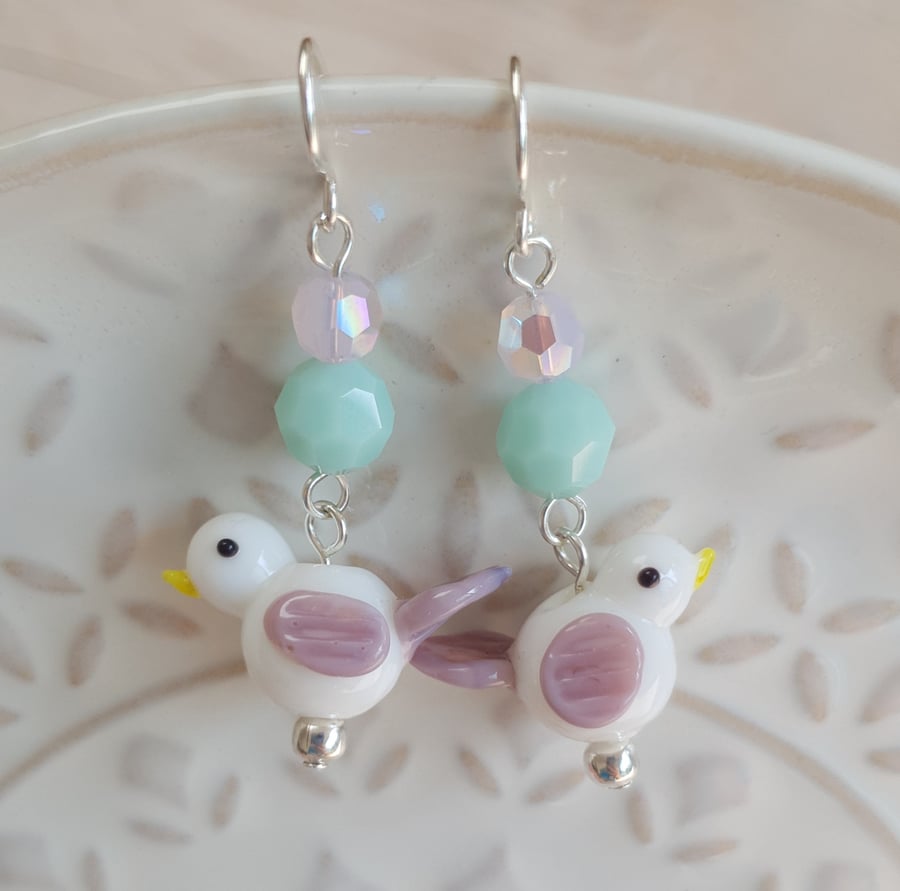 Lampwork Glass Bird & Swarovski Crystal Pastel Mix Dangle Earrings