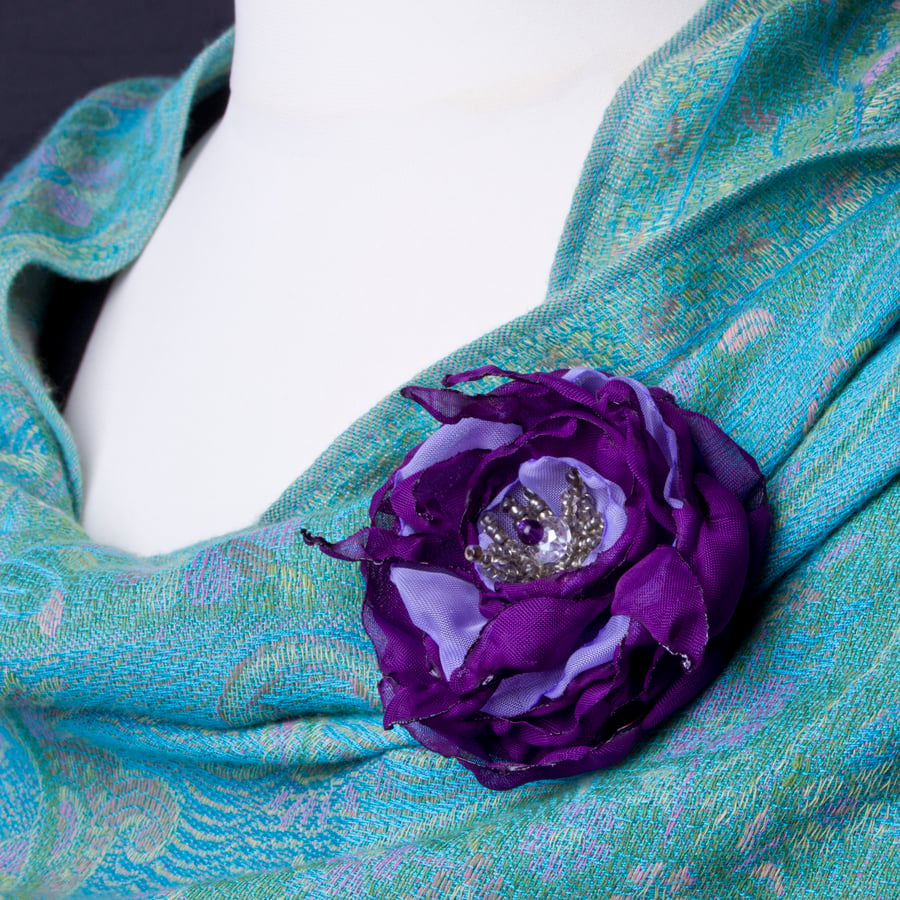 Fabric Flower Brooch - purple and lilac organza fabric pin with silver beads