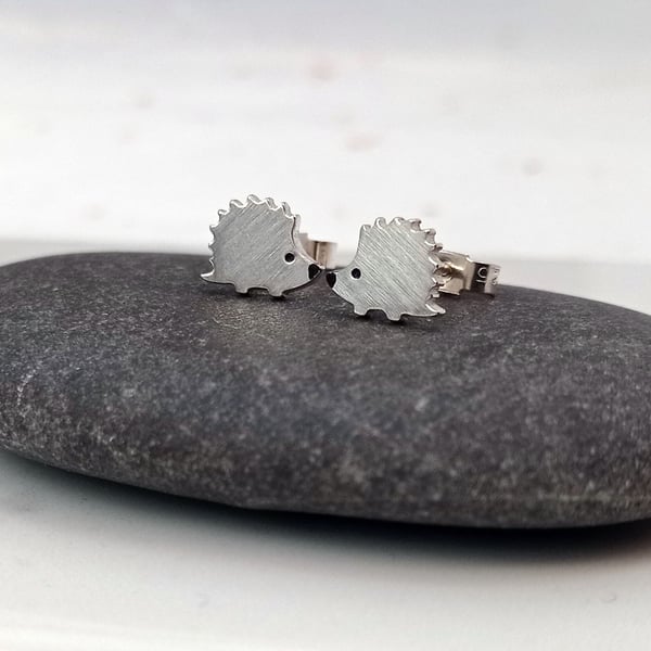 Recycled sterling silver hedgehog stud earrings – cute handmade animal jewellery