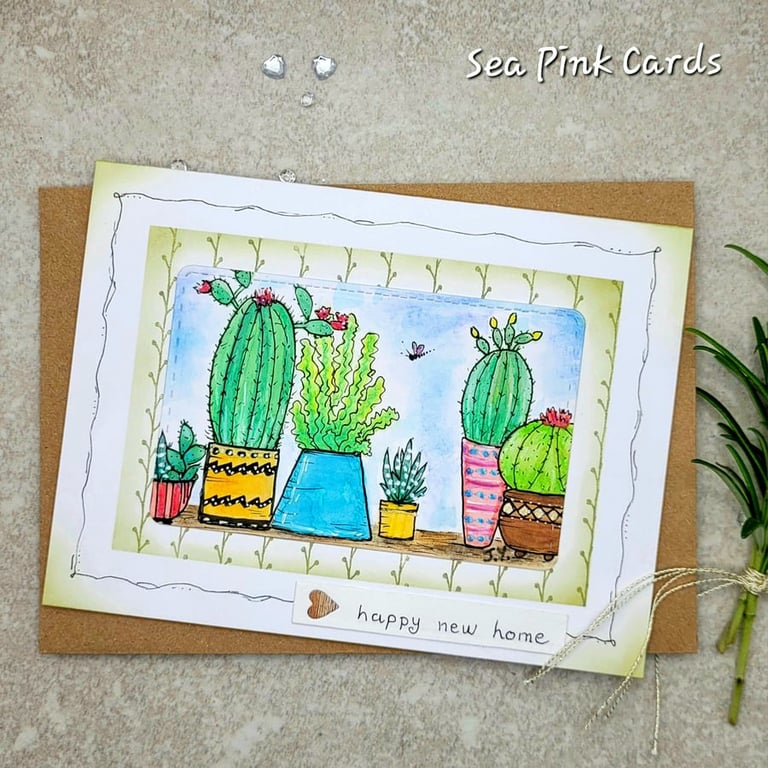  New Home Card - original handpainted card, cacti, plants, pots
