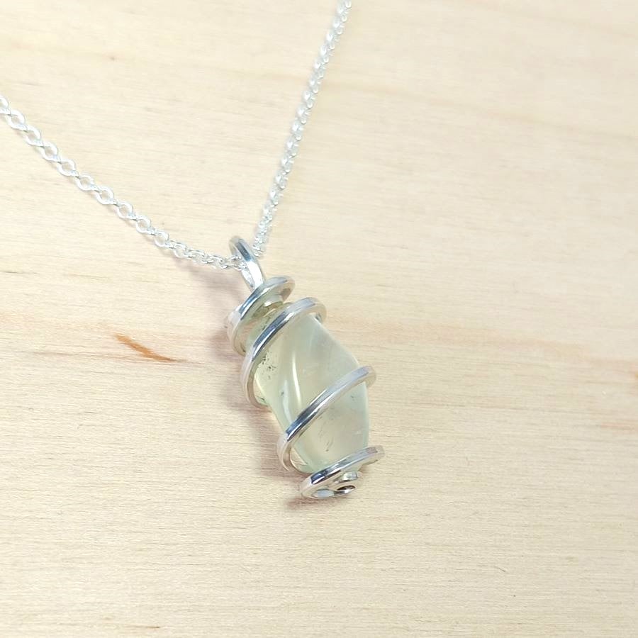 Prehnite gemstone wire wrapped sterling silver pendant