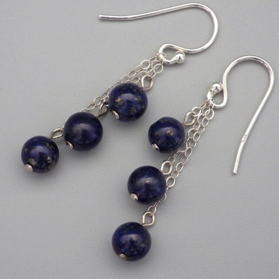 Three tier lapis lazuli bead earrings with Sterling Silver