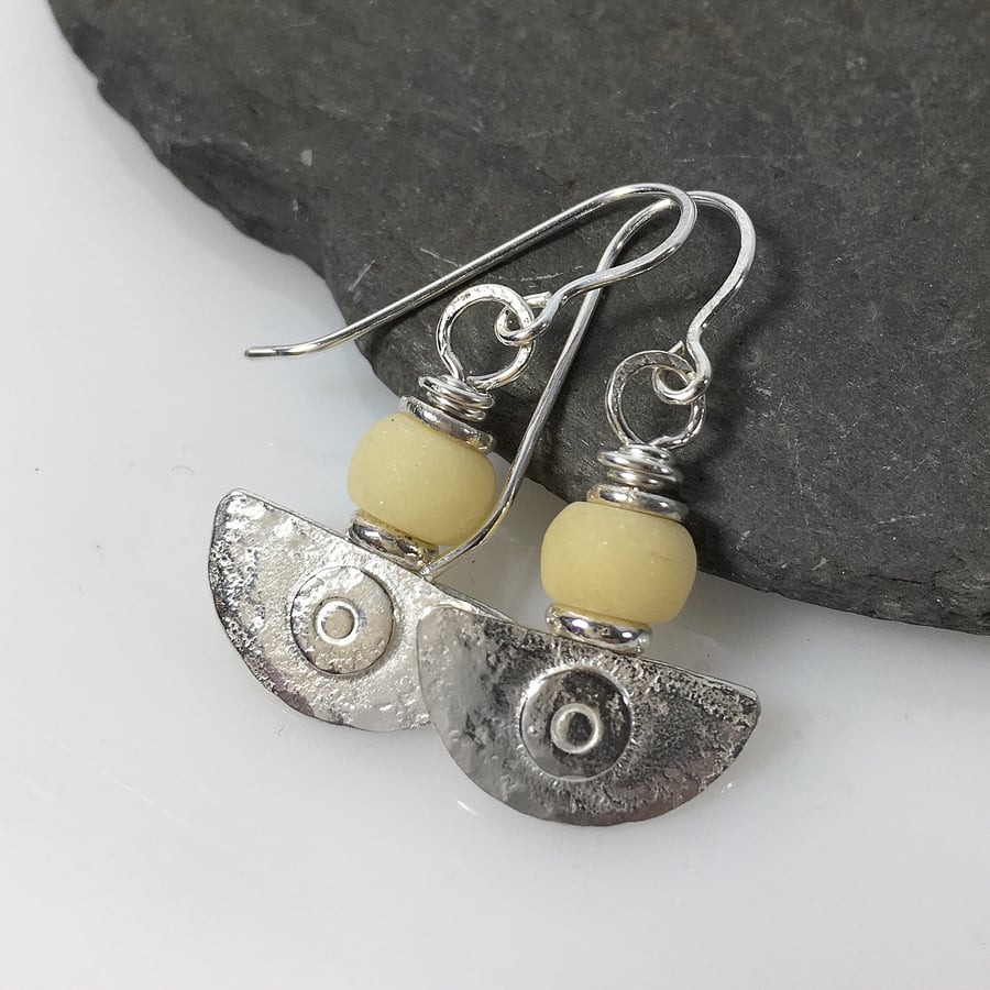 Ulu, handmade silver and cream jade earrings 