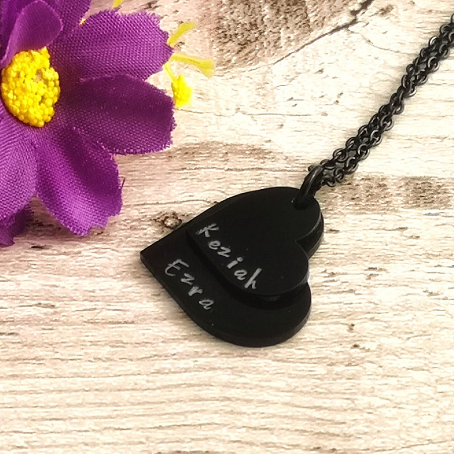Black Heart Name Necklace - Personalised Heart Jewellery - Goth Mum - Mum Of Two