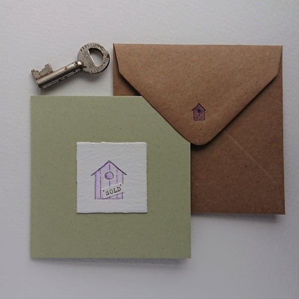 New Home Card - purple bird box - original drawing - recycled