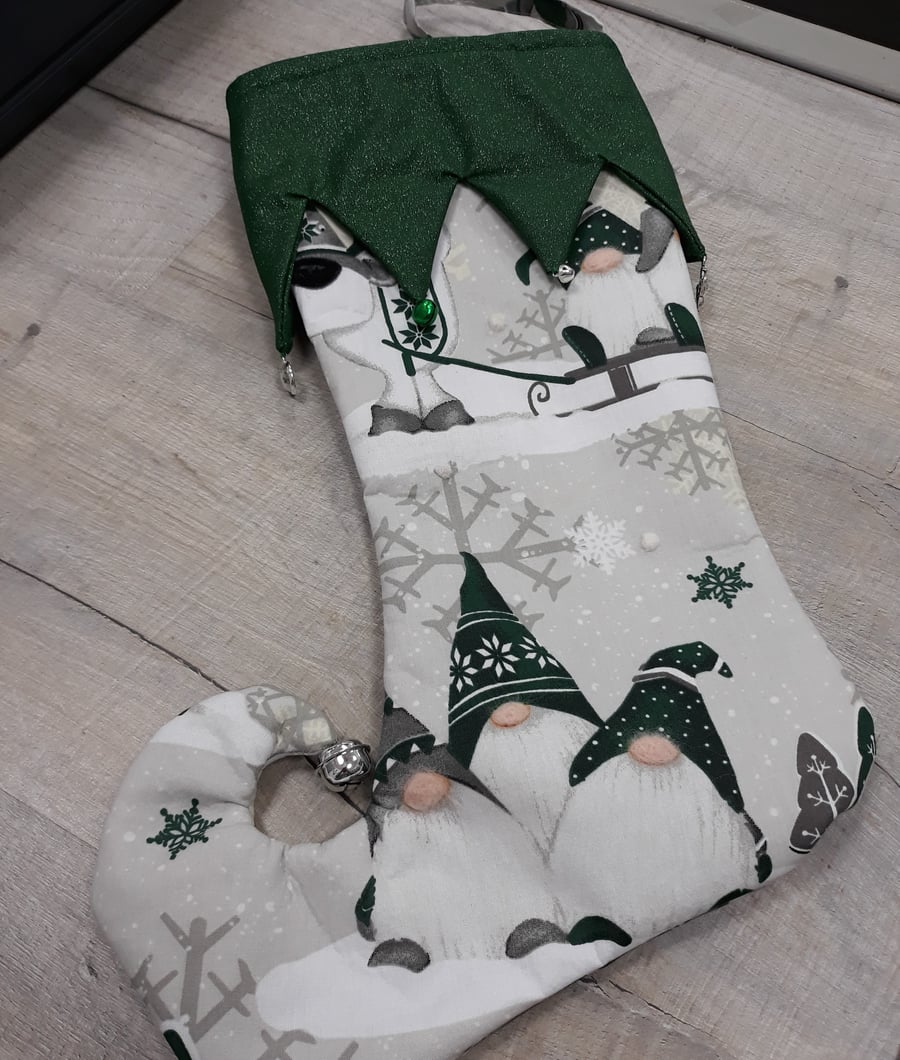Christmas Elf stocking with green gnomes, bells and charms. (Ref CSBG2)