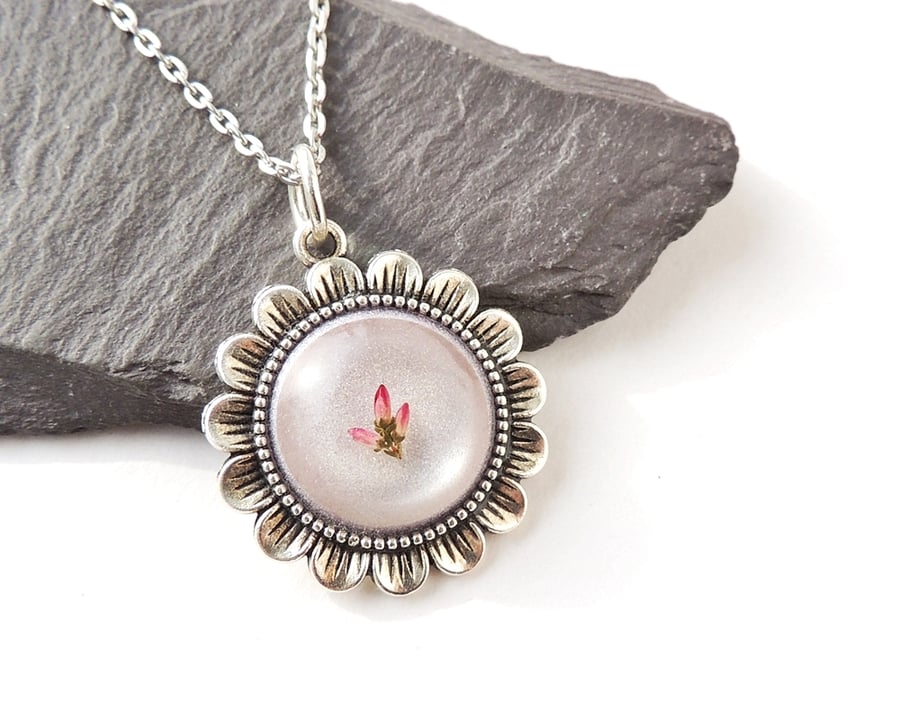 Purple & Pink Heather Flower Necklace  1583a