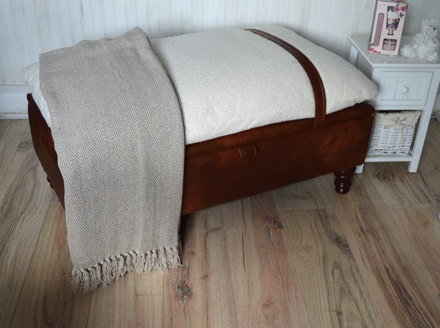 Mayfair Storage Ottoman Footstool Ivory Boucle Fabric With Chestnut Faux Leather