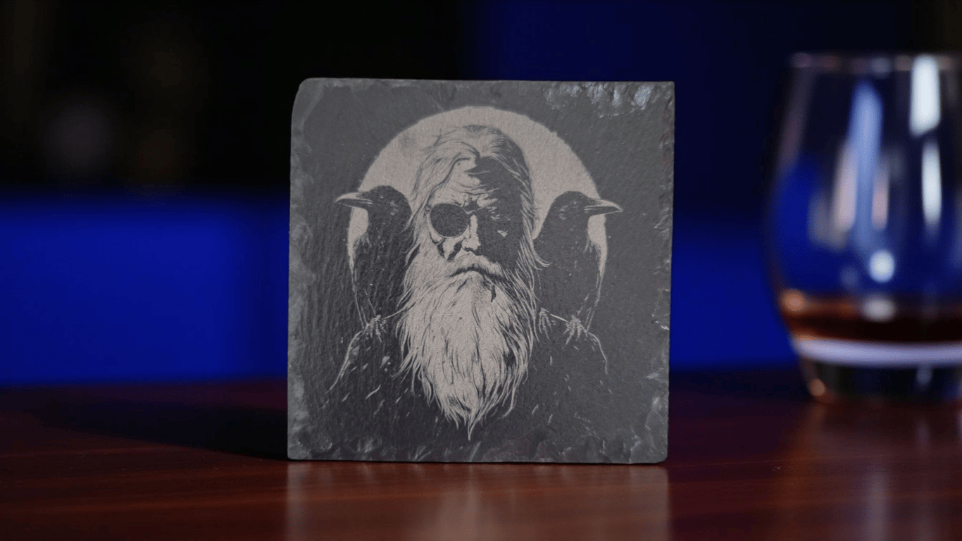 Odin and Ravens Slate Coaster – 10cm Square - Norse Mythology Engraved Drink Coa