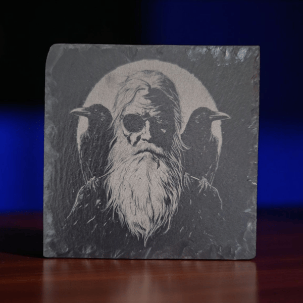 Odin and Ravens Slate Coaster – 10cm Square - Norse Mythology Engraved Drink Coa