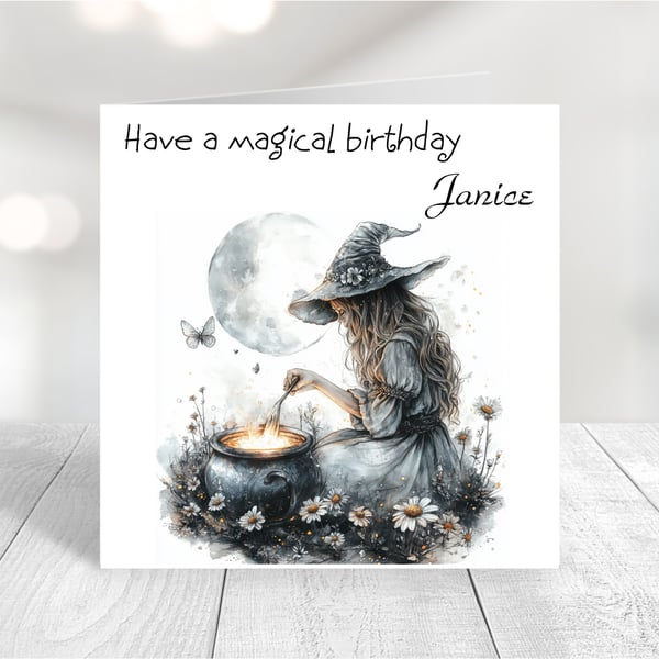 Witch stirring a Cauldron Personalised Birthday Card