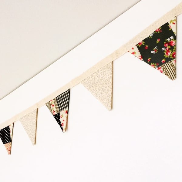 Patchwork and flowers cotton fabric double sided mini bunting