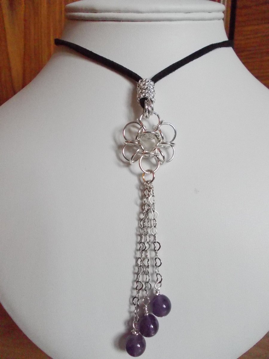 Amethyst and chainmaille flower pendant