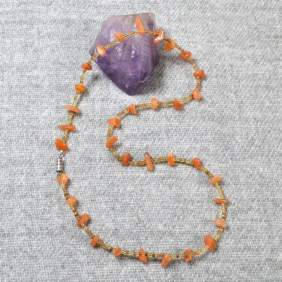 Peachy Crystal Chip and Gold-Mix Seed Bead Necklace
