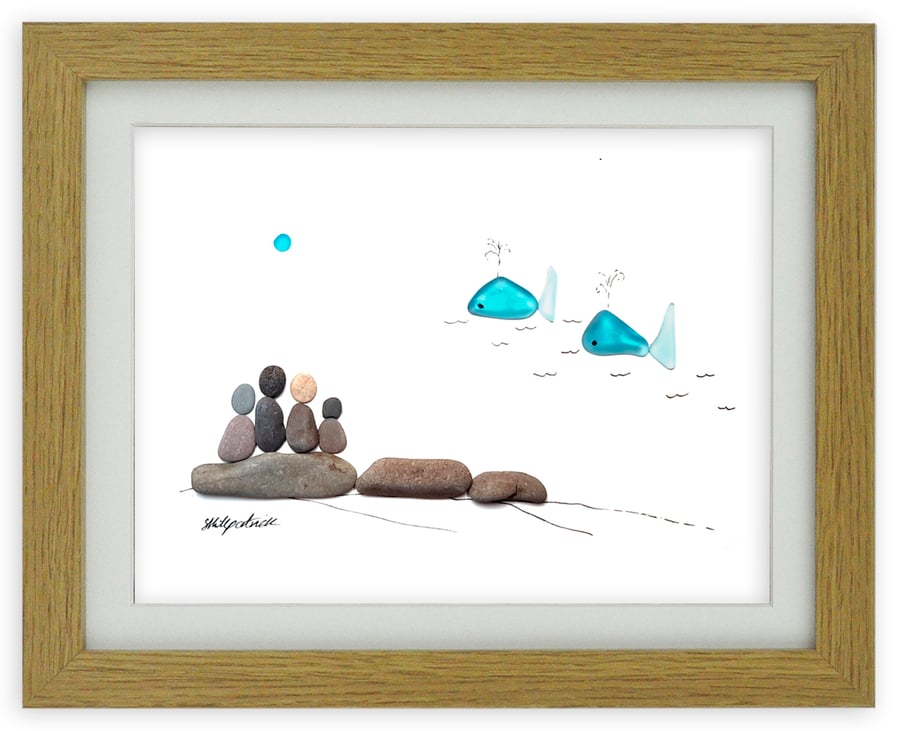 Whale Watching - Sea Glass And Pebble Picture - Framed Handmade Art