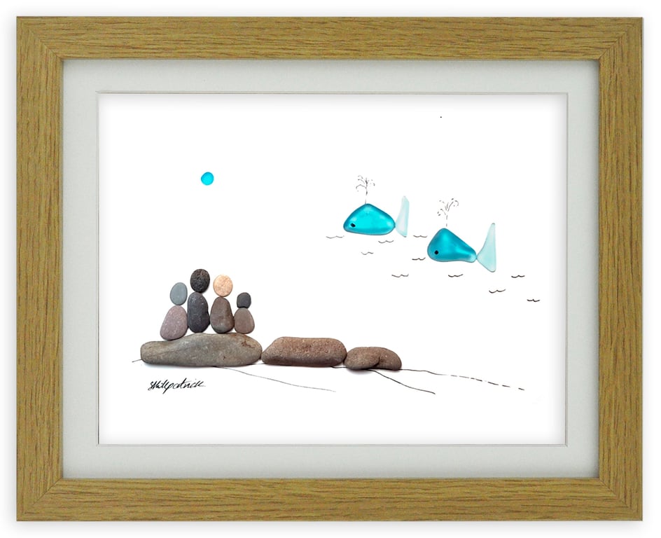 Whale Watching - Sea Glass And Pebble Picture - Framed Handmade Art