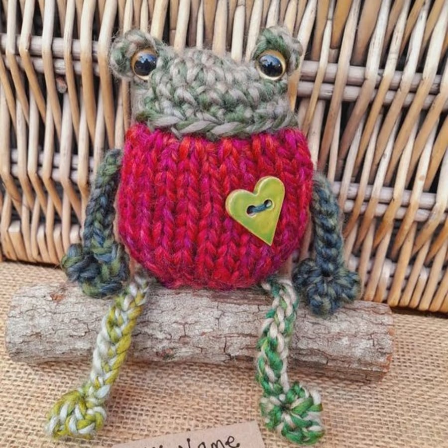 Handmade Knitted Frog Briar Rose – One of a Kind Frog Ornament Whimsical Gift