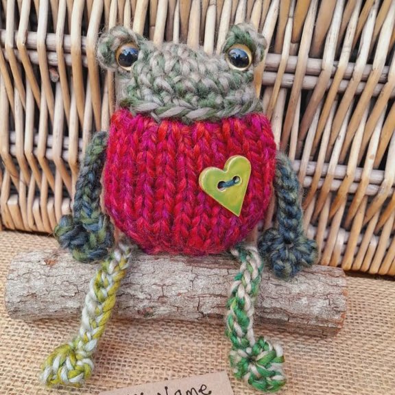 Handmade Knitted Frog Briar Rose – One of a Kind Frog Ornament Whimsical Gift