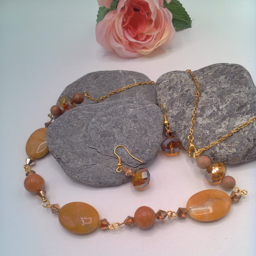 Honey Jade Bead and Gold Crystal Necklace and Earrings Set, Gift for Her