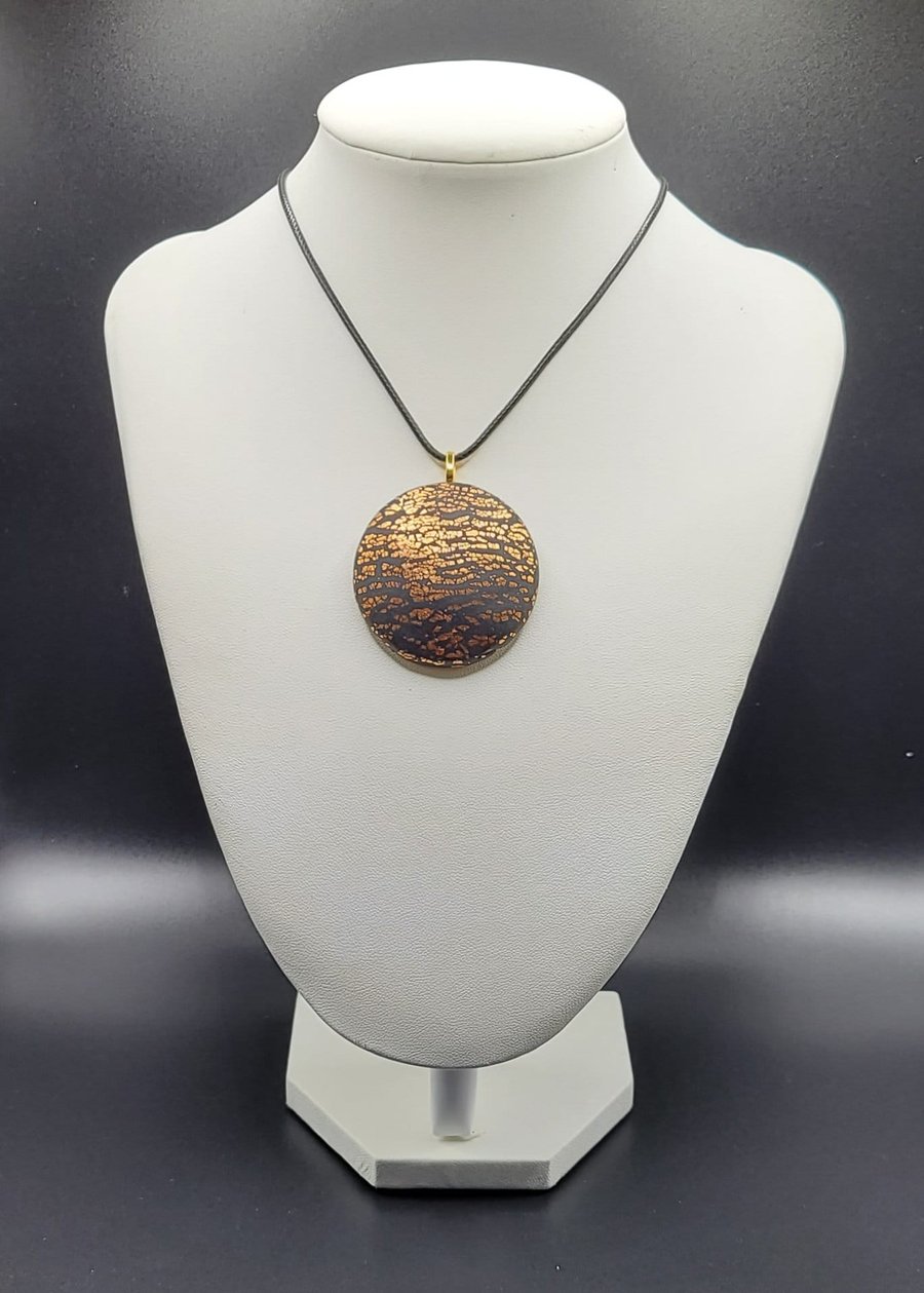 Gold leaf polymer clay pendant handmade statement jewellery 40mm
