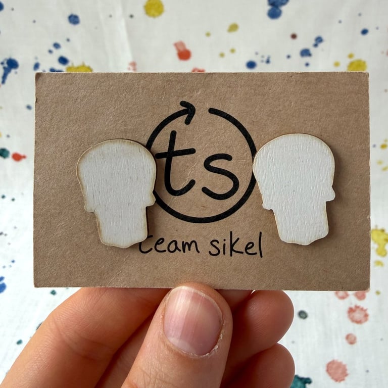 Upcycled Flat Wooden Skull Stud Earrings - White - Old Stock - Super Seconds