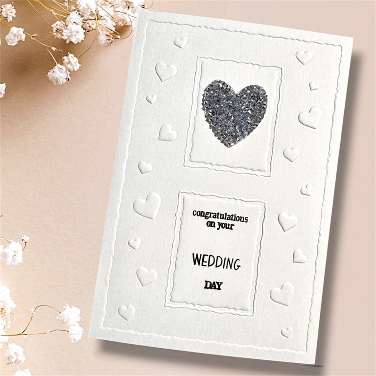 Handmade Wedding Congratulations Card with Silver gem Heart on embossed card