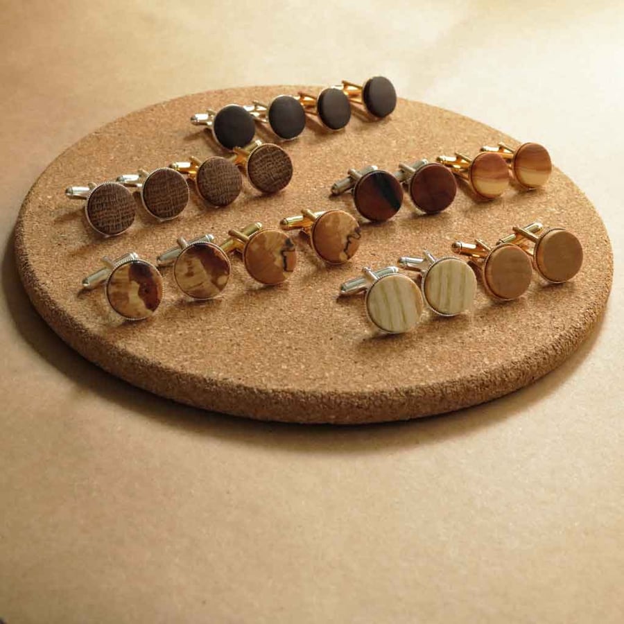 Handmade Wooden Cufflinks with Silver or Gold Fastenings