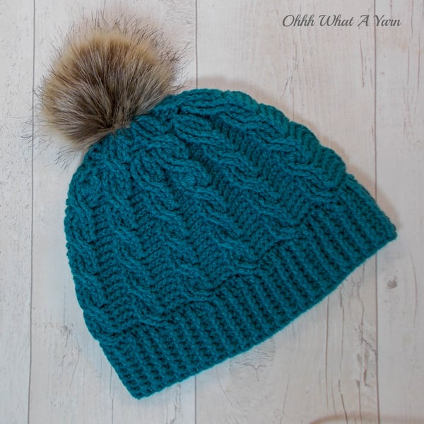 Ladies teal cable pom pom hat. Crochet hat. Ladies hat.