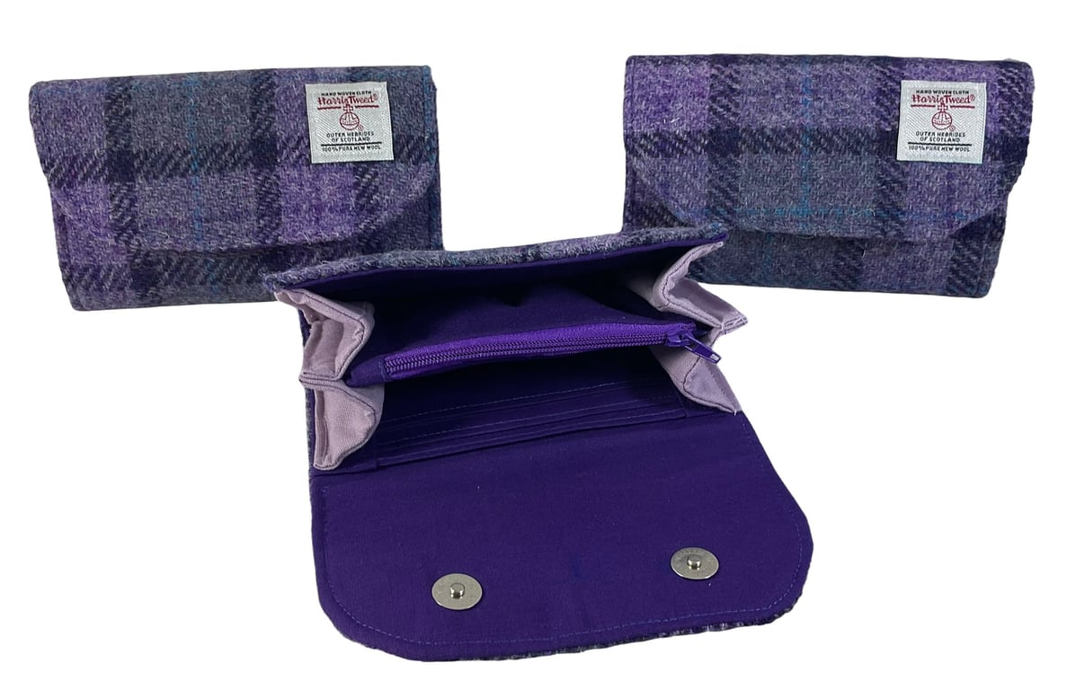 Harris tweed Concertina purse in purple check wool fabric, coin and card wallet,