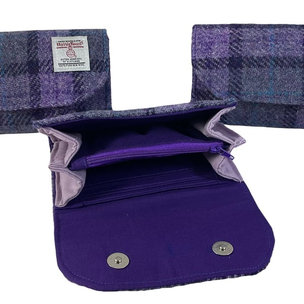 Harris tweed Concertina purse in purple check wool fabric, coin and card wallet,