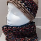 Handknit chunky wool hat and cowl set blue rust