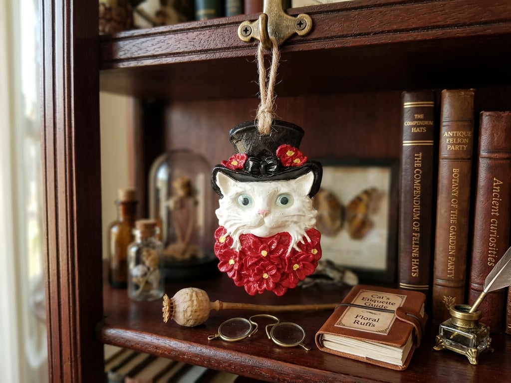 Clay Cat in a Black Top Hat Hanging Decoration 