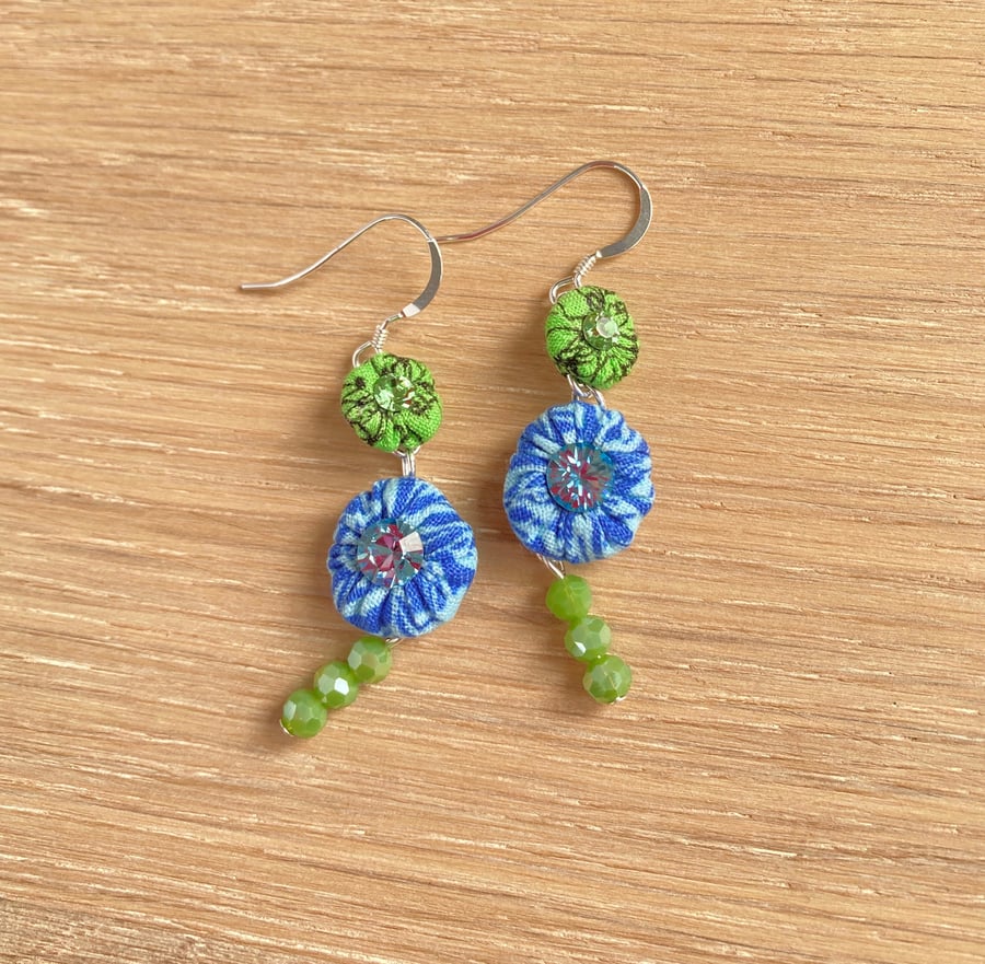 Blue & Green Earrings of Cotton Glass & Crystals