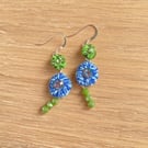Blue & Green Earrings of Cotton Glass & Crystals