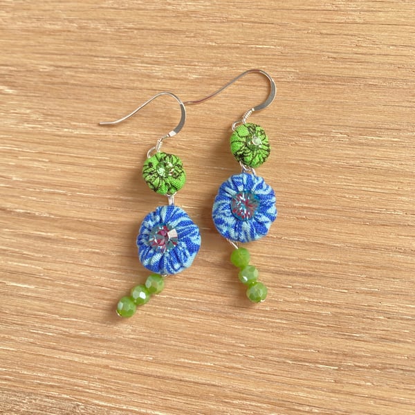 Blue & Green Earrings of Cotton Glass & Crystals