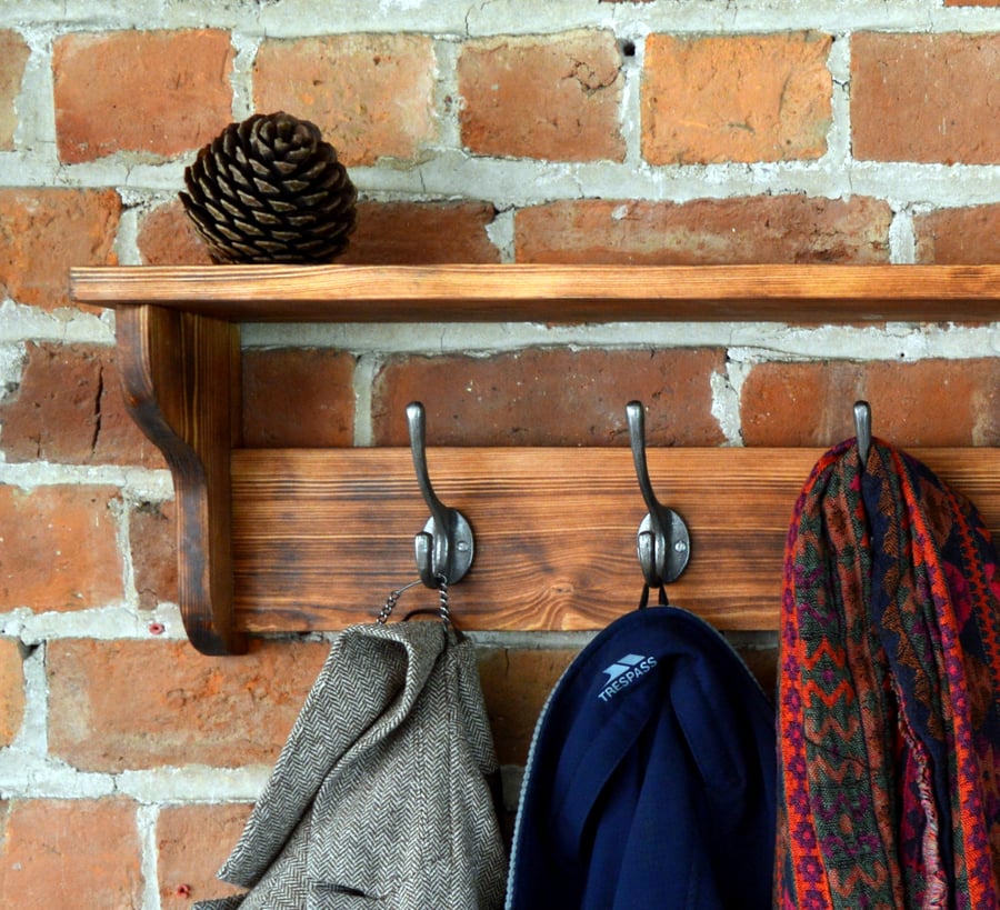 Coat rack with shelf and cast iron hooks - Handmade in Wales