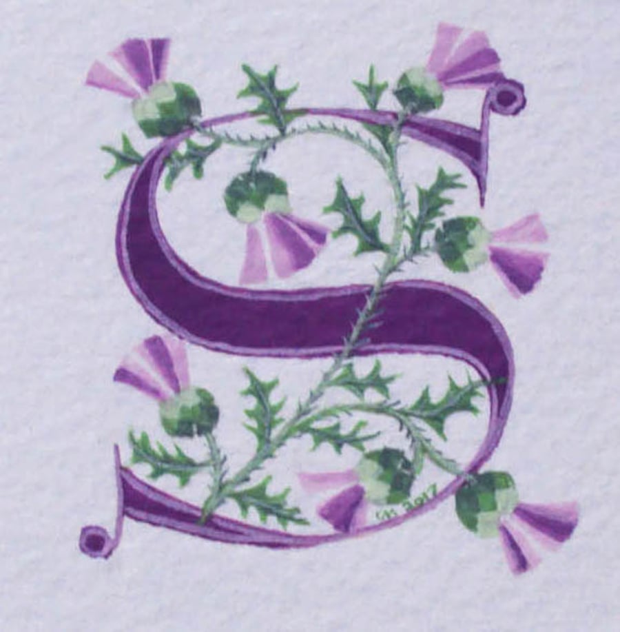 Letter 'S' in purple with Scots thistles custom initials.
